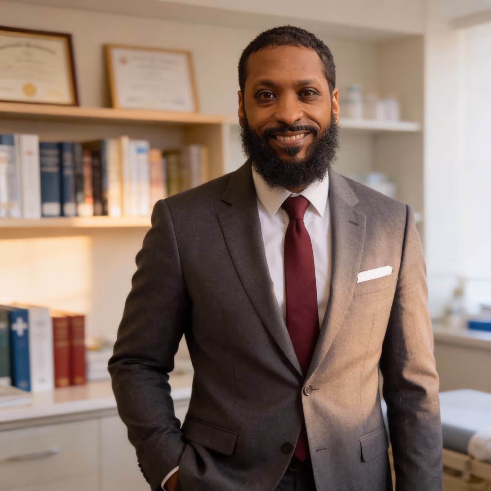 a man standing confidently with his arms crossed and a stethoscope around his neck, dr houssam abusibah