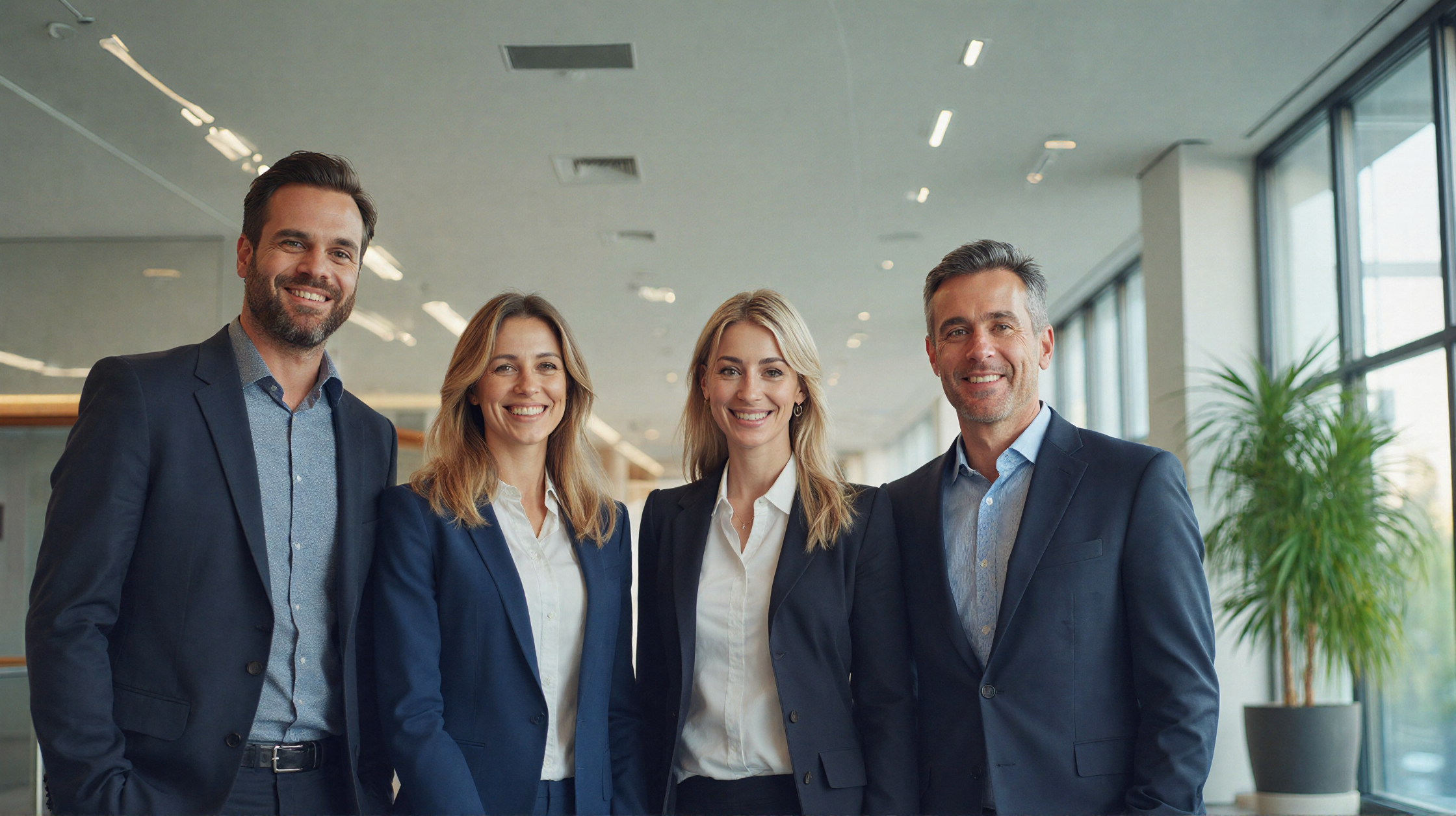 Ofis ortamında takım elbise giymiş iki kadın ve iki erkek gülümseyerek poz veriyor.