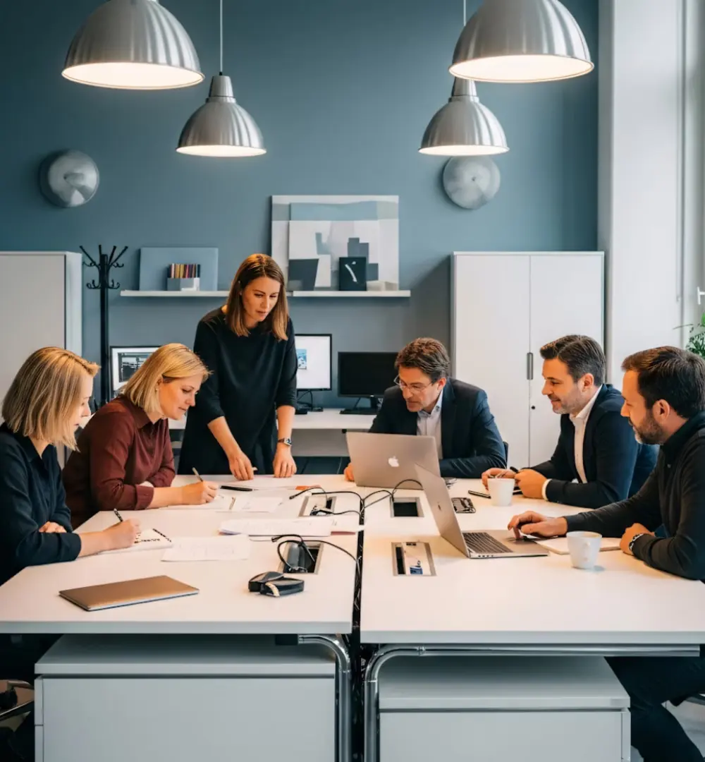 Ofis ortamında, masanın etrafında oturmuş ve dizüstü bilgisayarlar ile notlar üzerinde çalışan altı kişi.