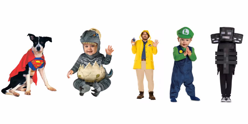 Halloween costumes from Blockbuster movies like Superman, Mario, and Jurassic Park