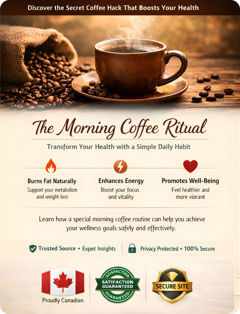 Steaming cup of coffee on a saucer beside a burlap sack spilling coffee beans, titled 'The Morning Coffee Ritual' promoting health benefits like fat burning, energy boost, and well-being.