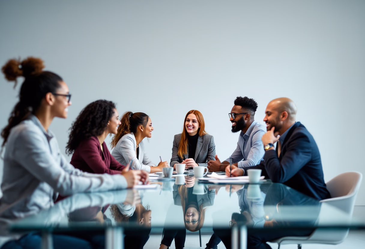 Six diverse professionals sitting around a glass conference table engaged in a meeting with coffee cups and notebooks.