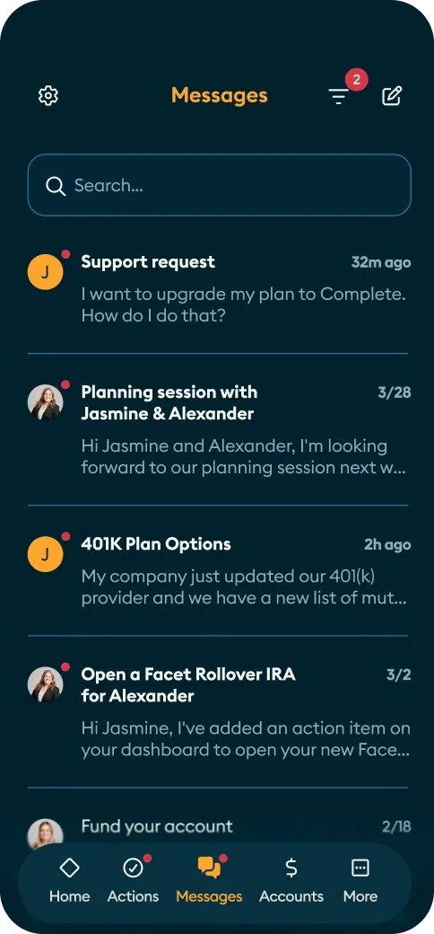Facet app messages screen