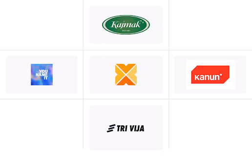 Collection of six brand logos including Kajmak, You Name It, a stylized X, kanun, and TRI VIJA.