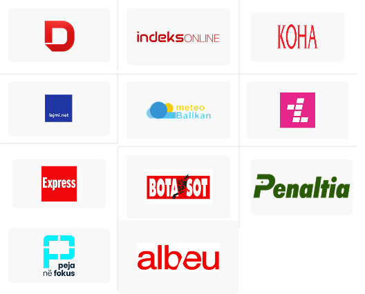 Grid of nine media logos including D, Indeks Online, KOHA, lajmi.net, meteo Balkan, Express, and Bota Sot.