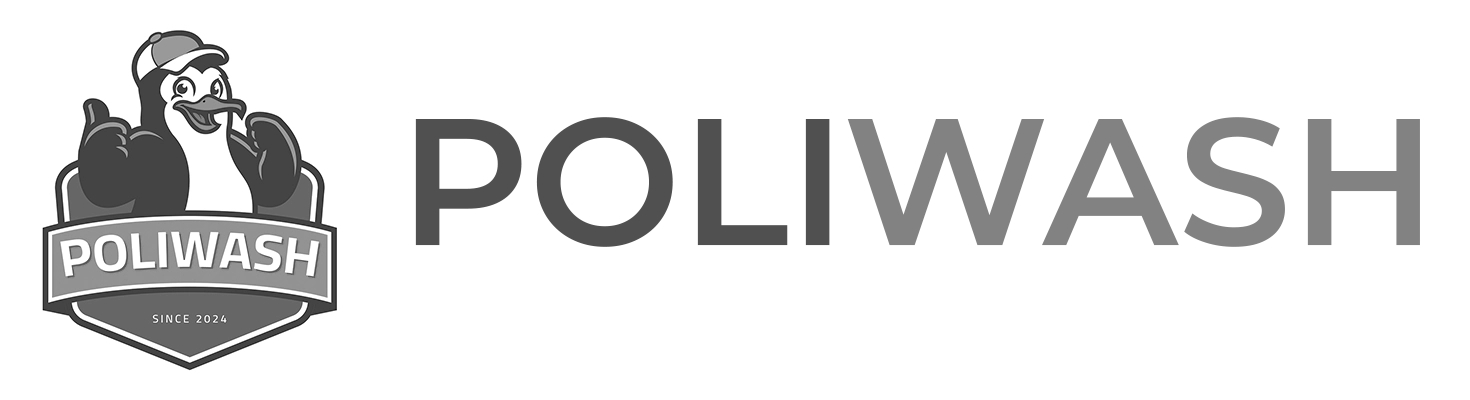 Logo PoliWash avec un manchot souriant portant une casquette et des pouces levés, et le texte 'PoliWash' et 'Since 2024'.