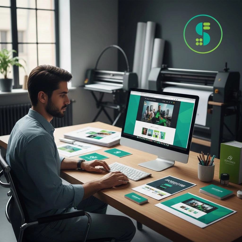 Un homme travaillant sur un ordinateur de bureau dans un bureau moderne avec plusieurs documents et une grande imprimante en arrière-plan.