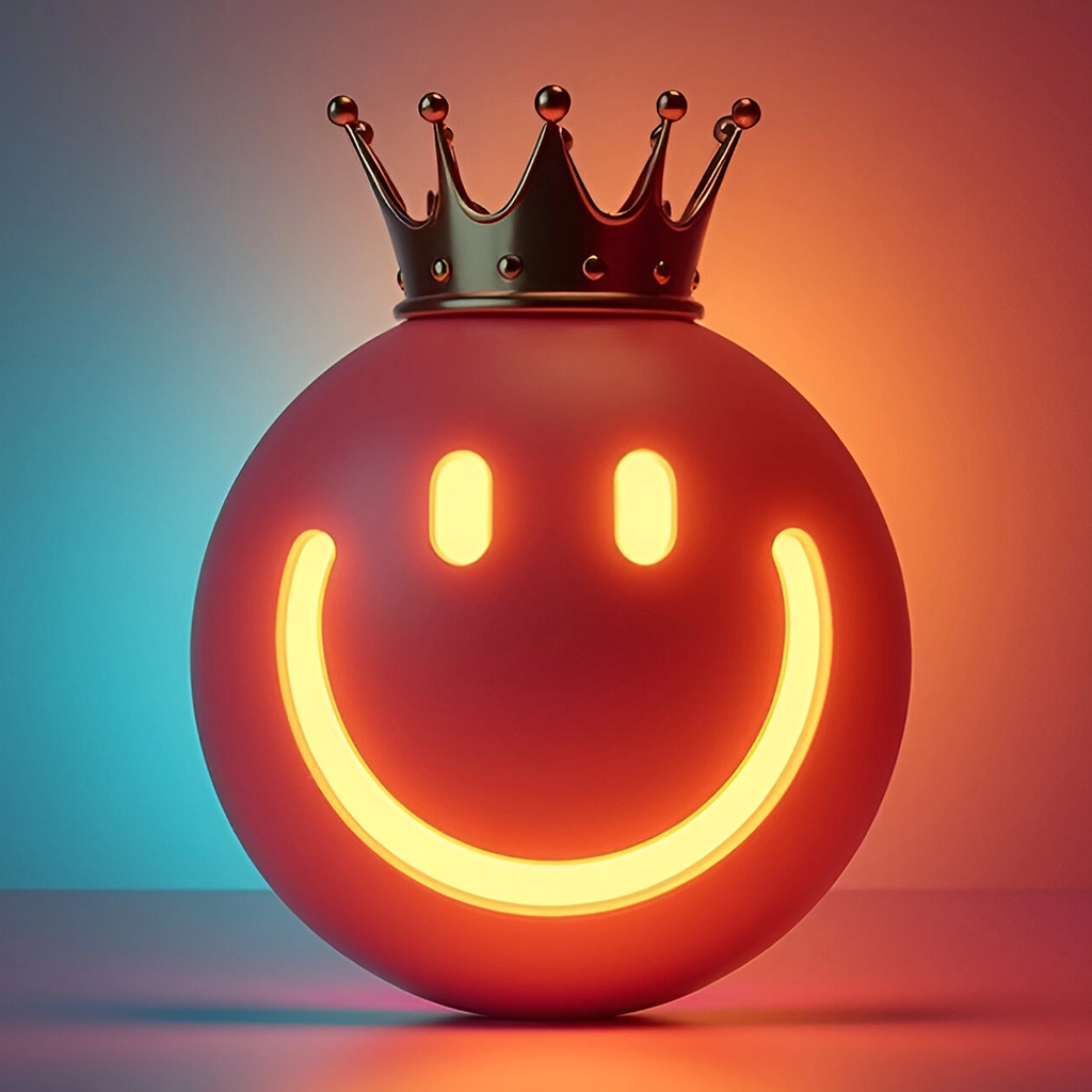 Sphère rouge avec un visage souriant lumineux portant une couronne noire, fond dégradé bleu et orange.