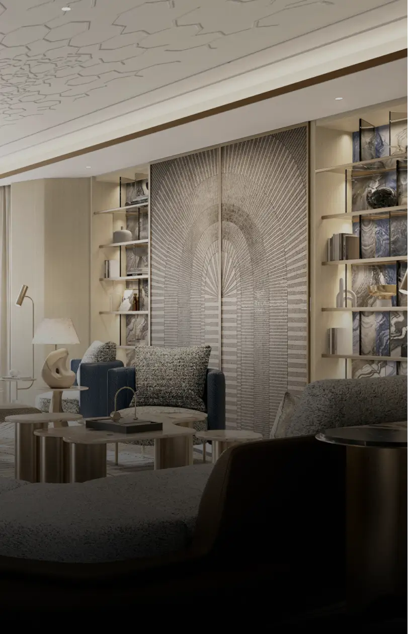 Modern living room with textured armchairs, metallic round coffee tables, artistic wall panel, and built-in shelves with decorative items.