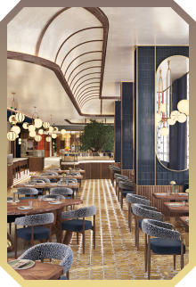 Elegant restaurant interior with arched ceiling, hanging globe lights, blue chairs, and wooden tables.