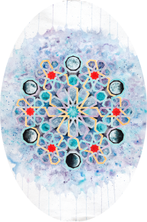 Colorful geometric mandala with blue, red, and gold shapes on a watercolor background.