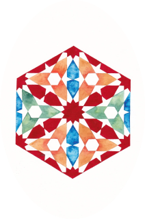 Hexagonal geometric pattern with red, blue, green, and orange shapes on a white background.