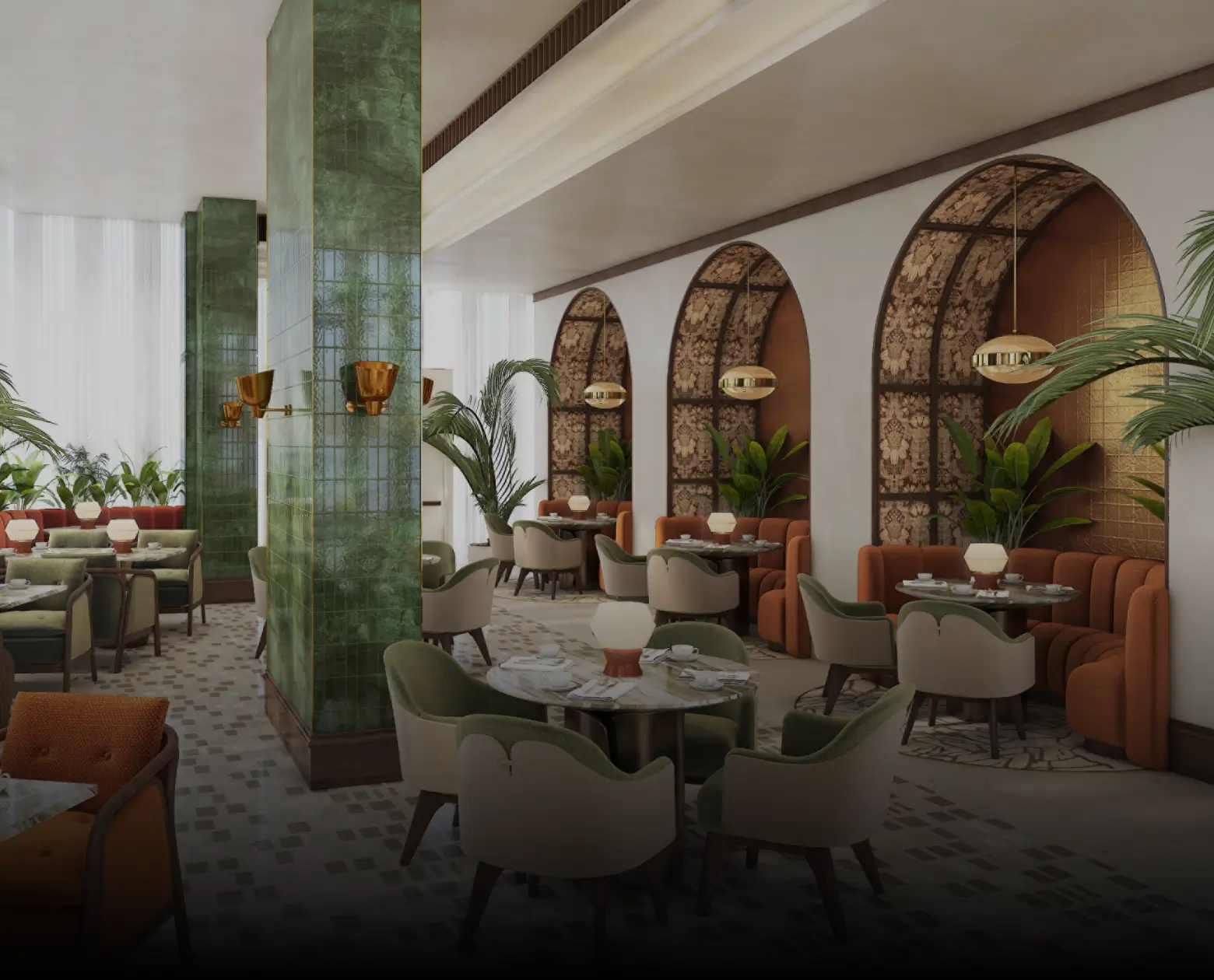 Elegant restaurant interior with green tiled columns, arched alcoves, orange sofas, and green and beige chairs around marble tables.