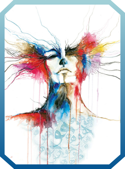 Abstract watercolor painting of a human face with closed eyes, featuring colorful splashes of red, blue, yellow, and brown extending outward like branches or veins.