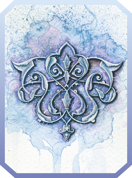 Ornate symmetrical decorative design with swirls and leaf shapes in blue and purple watercolor background.
