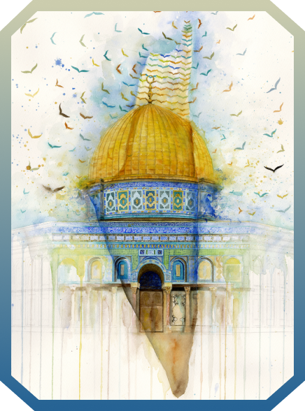 Watercolor painting of the Dome of the Rock with a golden dome, intricate blue tile patterns, and birds flying around it.