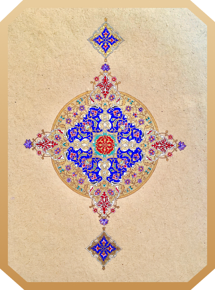 Intricate circular Persian floral pattern with blue, red, and gold details on a beige textured background.