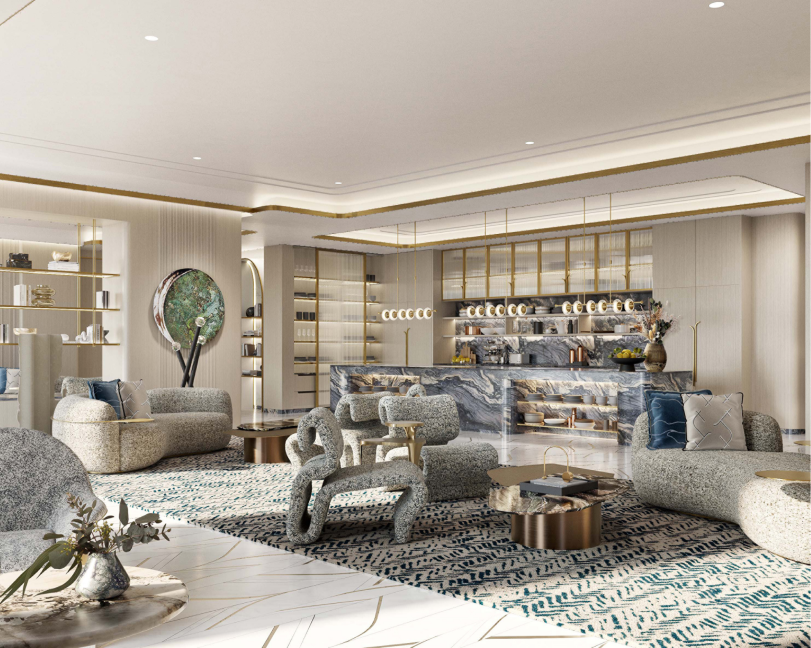 A sophisticated open-plan suite featuring a bar area, plush seating, and artistic decor in a bright, airy setting.