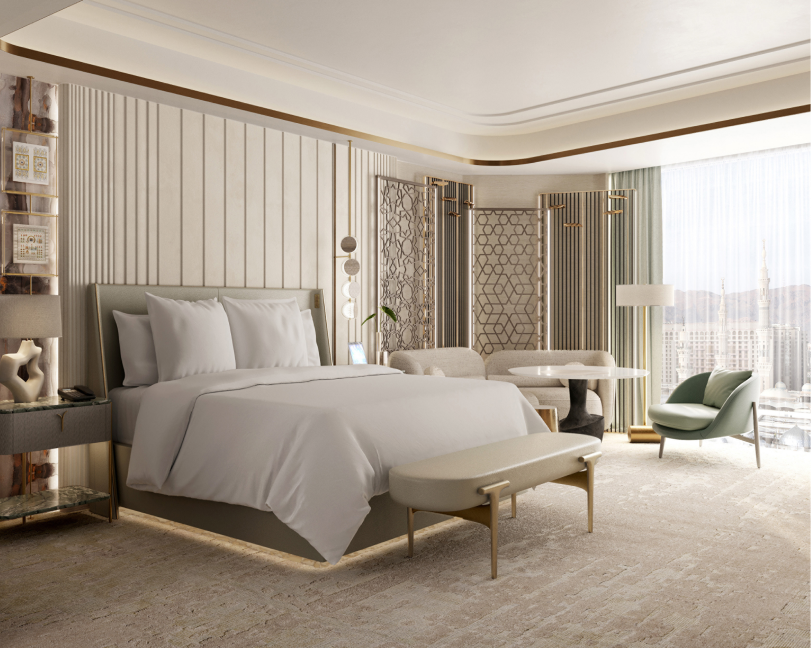 A luxurious modern bedroom with a large bed, neutral tones, textured wall paneling, and floor-to-ceiling windows.