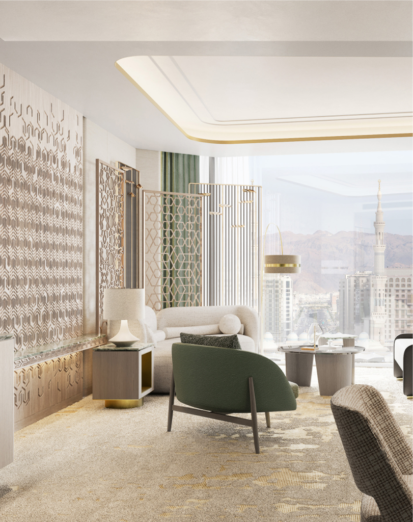 An elegant living area featuring contemporary armchairs, light-colored rugs, and a wide city view through large windows.