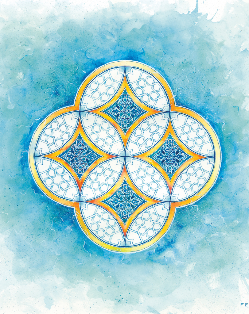 Top-down view of a light blue silk scarf with a central four-lobed (quatrefoil) geometric motif and intricate gold detailing.