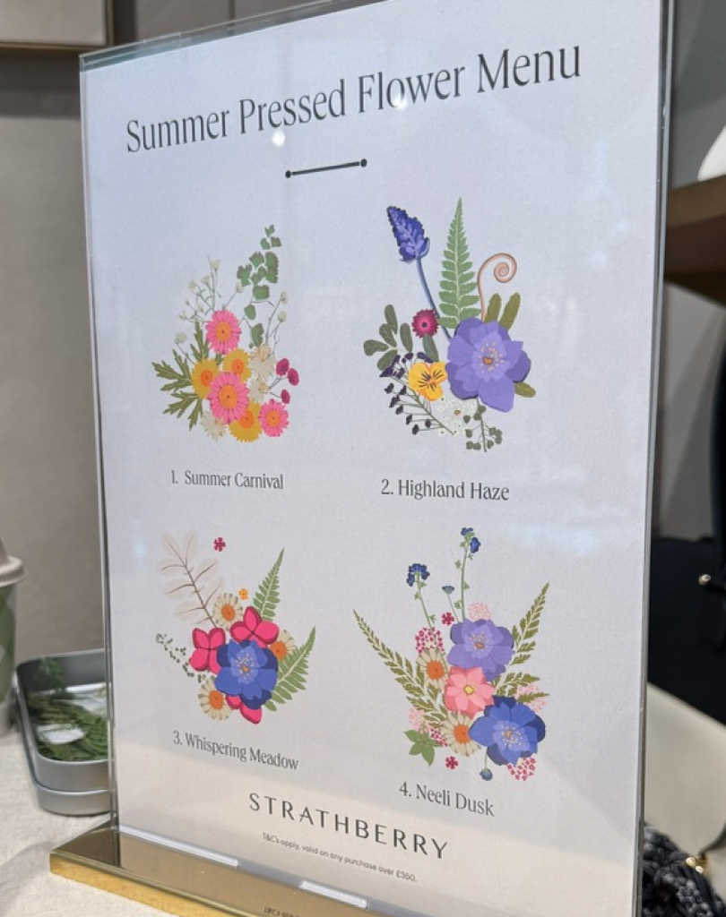A menu board titled "Summer Pressed Flowers" showing four different botanical design options: Summer Carnival, Highland Haze, Whispering Meadow, and Neeli Dusk.