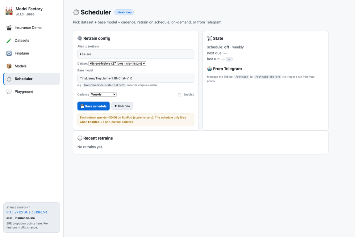 Model Factory — Scheduler tab