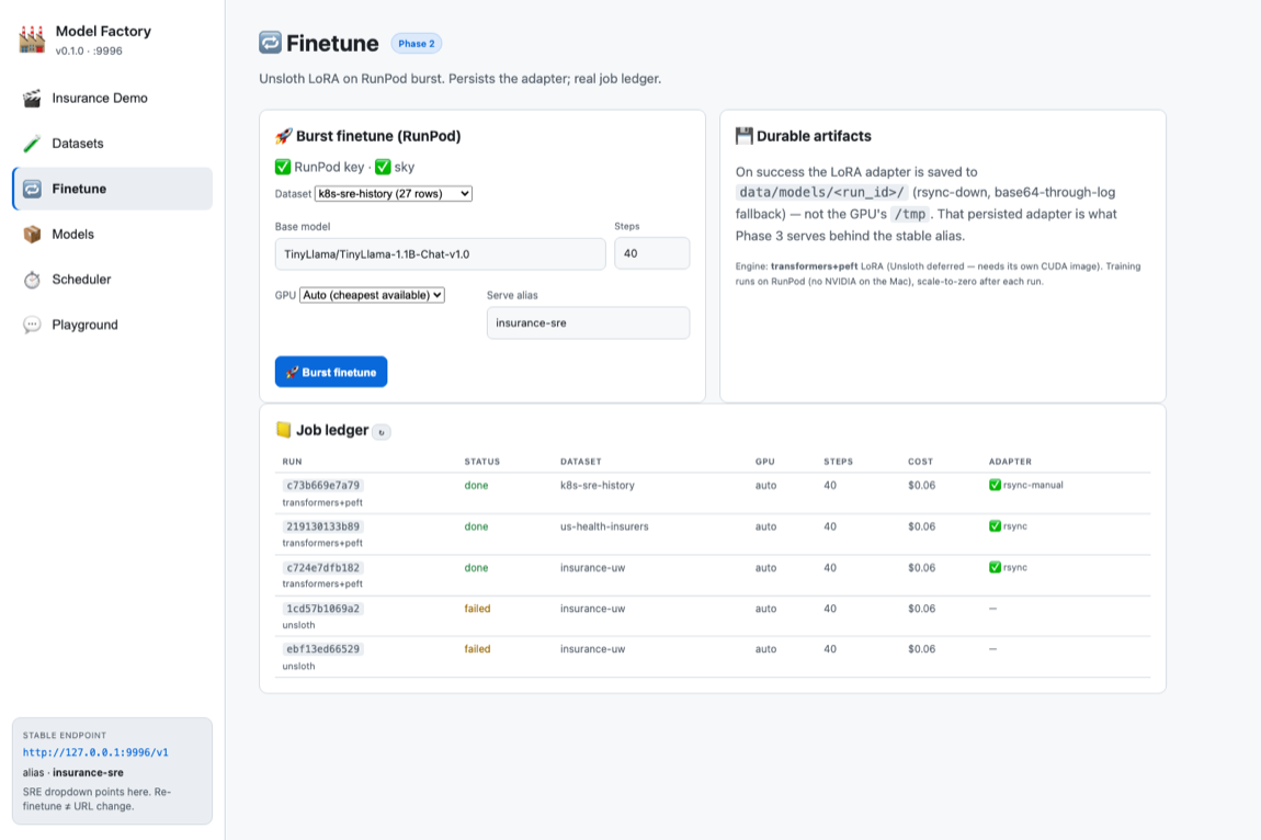 Model Factory — Finetune tab