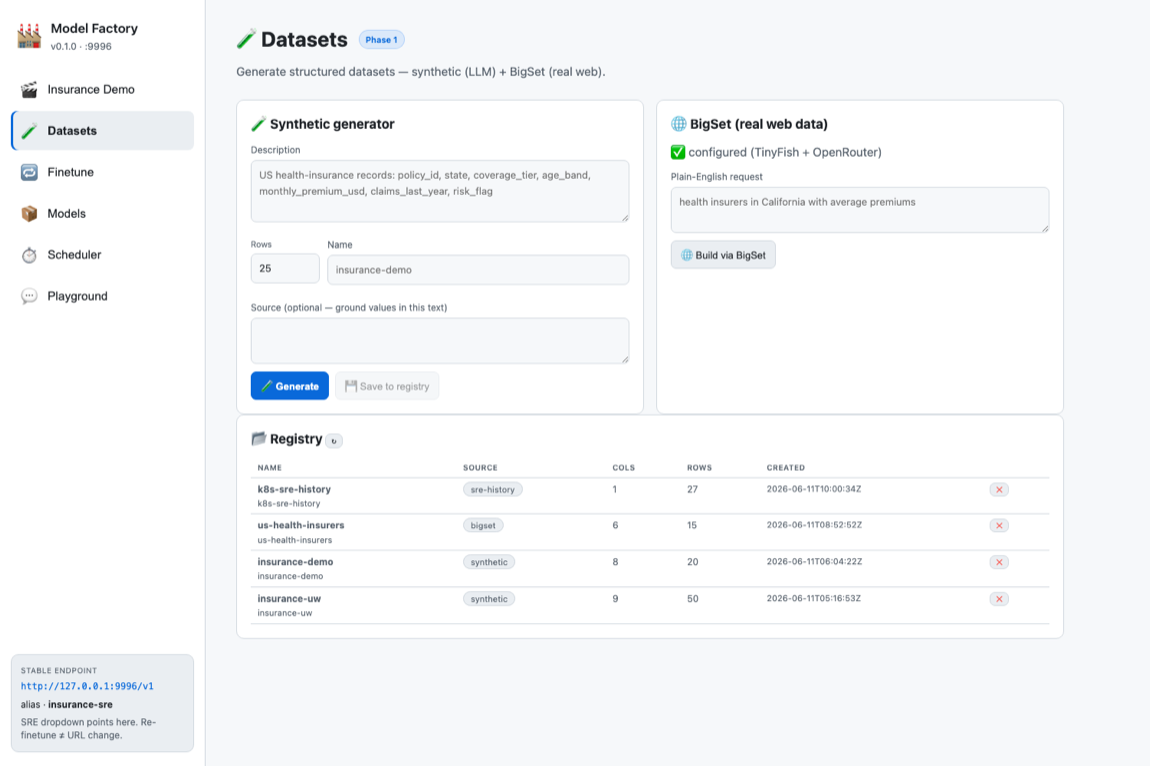 Model Factory — Datasets tab