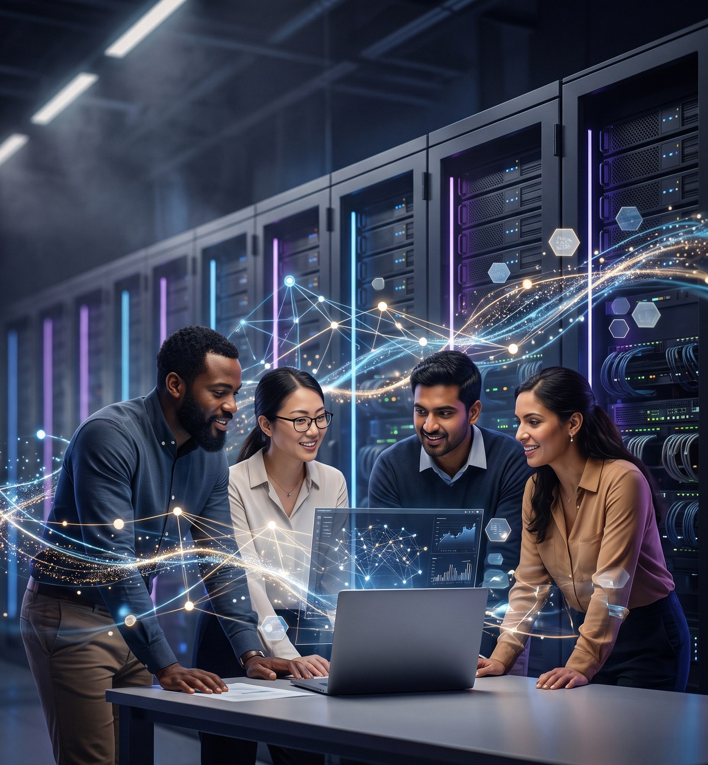 DKube forward-deployment engineers collaborating in a server room, with AI agents shown as flowing light and connected nodes