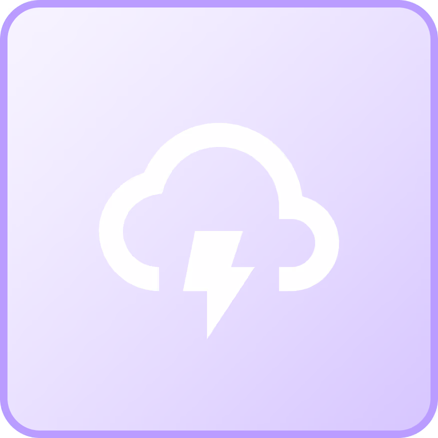White cloud with a lightning bolt inside on a purple rounded square background.