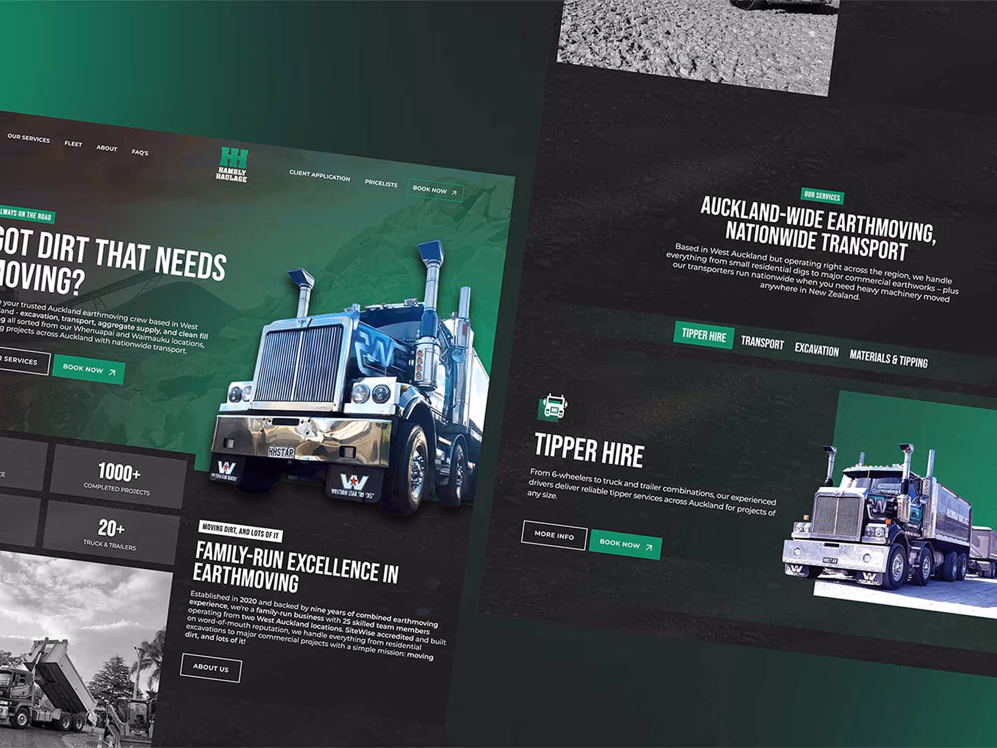 Website homepage for Hambly Haulage featuring a large blue heavy truck and text about earthmoving and tipper hire services in Auckland, New Zealand.