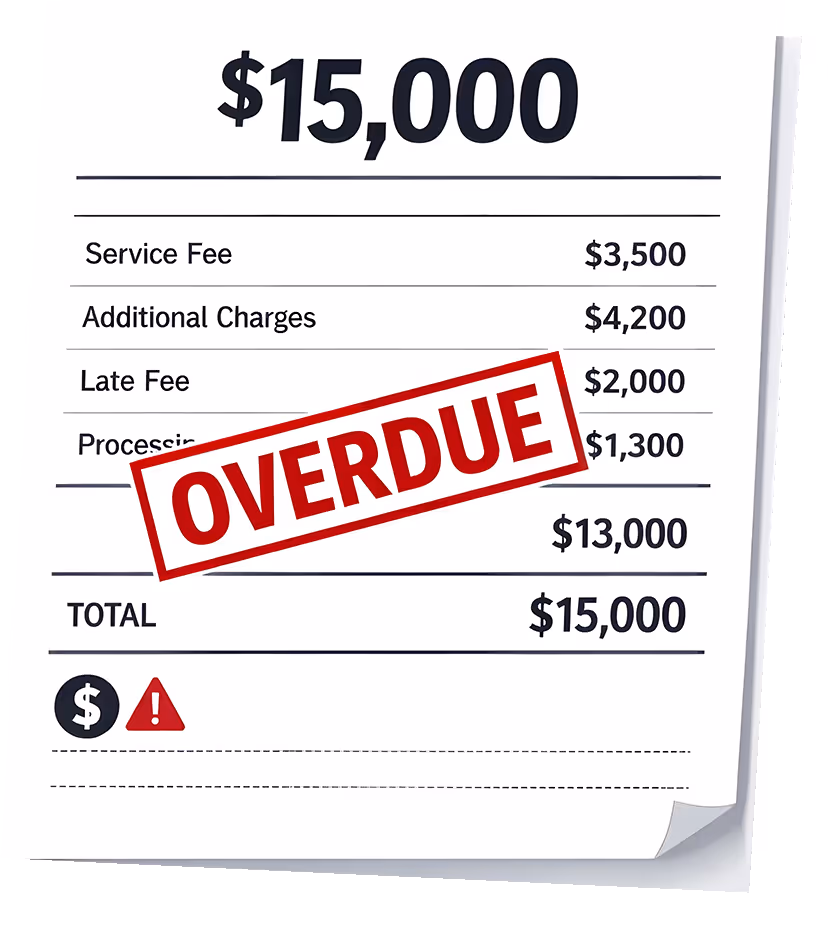 Invoice showing a total amount of $15,000 with itemized fees and a red OVERDUE stamp across the middle.