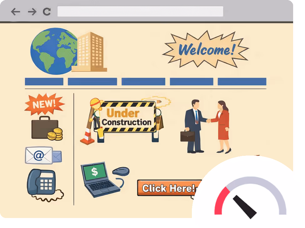 Illustrated webpage showing a globe and building icon, navigation bar, 'Welcome!' message, 'Under Construction' sign with construction worker, two business people shaking hands, icons of briefcase with coins, email envelope, telephone, laptop with dollar symbol, and a 'Click Here!' button.