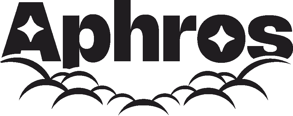 The word 'Aphros' in bold black letters with star-like shapes inside the letters 'A' and 'o', above a pattern of curved lines resembling waves or clouds.