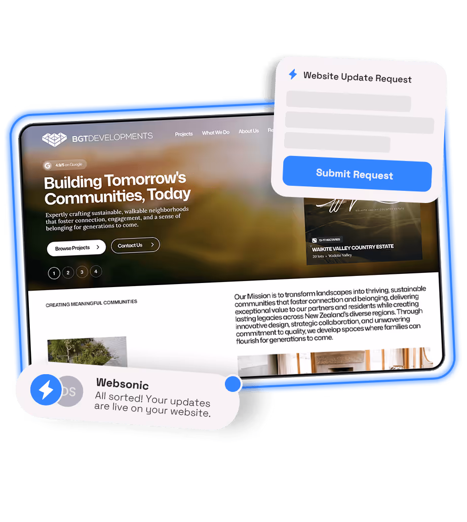Screenshot of BGT Developments website homepage with a 'Website Update Request' form and a notification from Websonic stating updates are live.