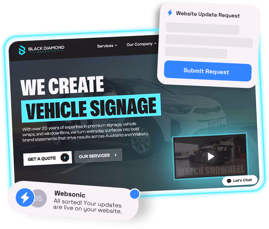 Website homepage for Black Diamond Graphics showing vehicle signage services with a call to action for quotes, a video showreel, and chat and website update request popups.