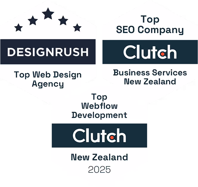 Three award badges: DesignRush Top Web Design Agency with five stars, Clutch Top SEO Company Business Services New Zealand, and Clutch Top Webflow Development New Zealand 2025.