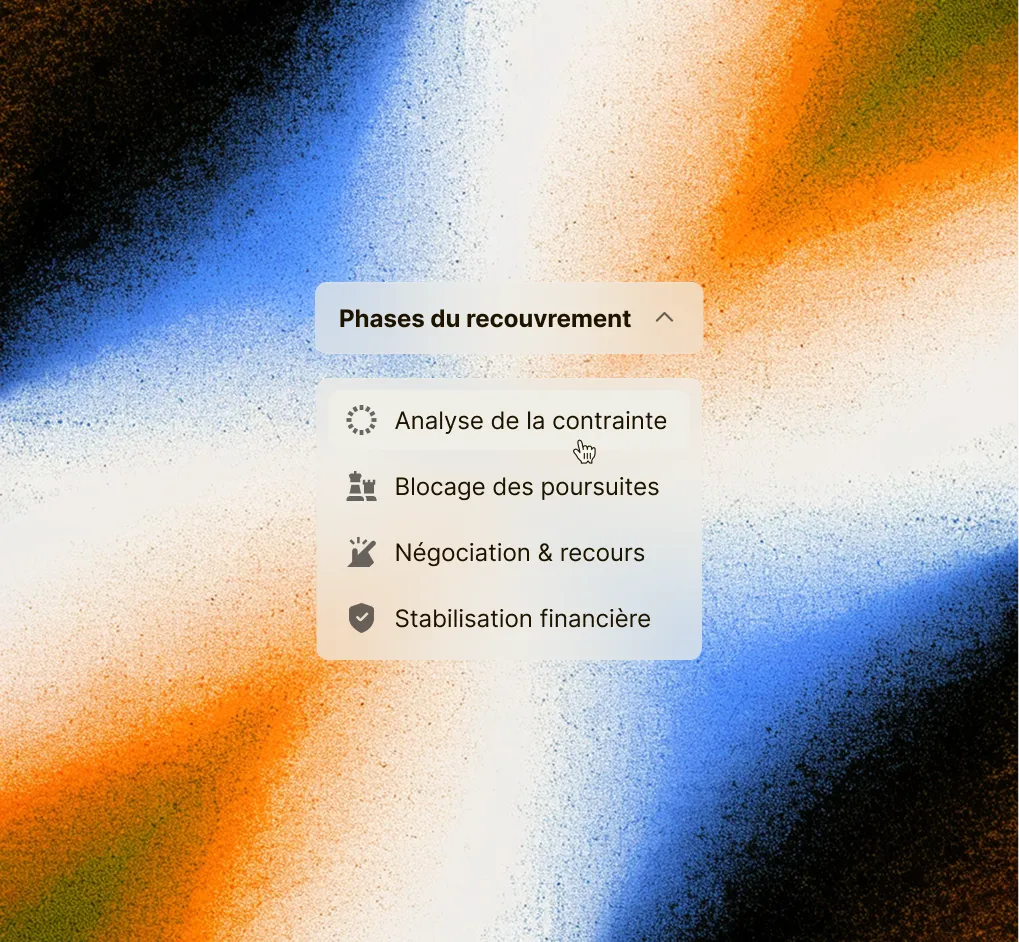 Overlay menu titled 'Phases du recouvrement' with four steps: constraint analysis, blocking lawsuits, negotiation and appeal, financial stabilization, on an abstract blue, orange, and white textured background.