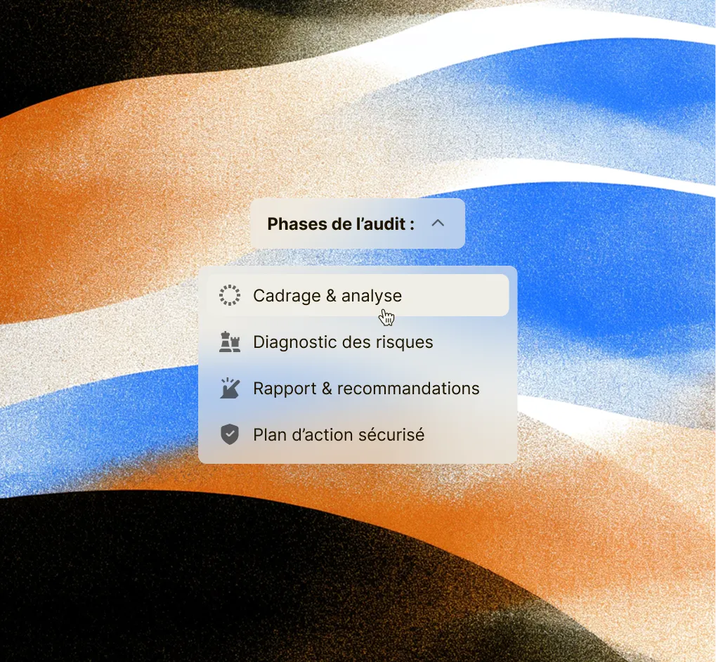 Dropdown menu titled 'Phases de l’audit' with options: Cadrage & analyse, Diagnostic des risques, Rapport & recommandations, Plan d’action sécurisé.