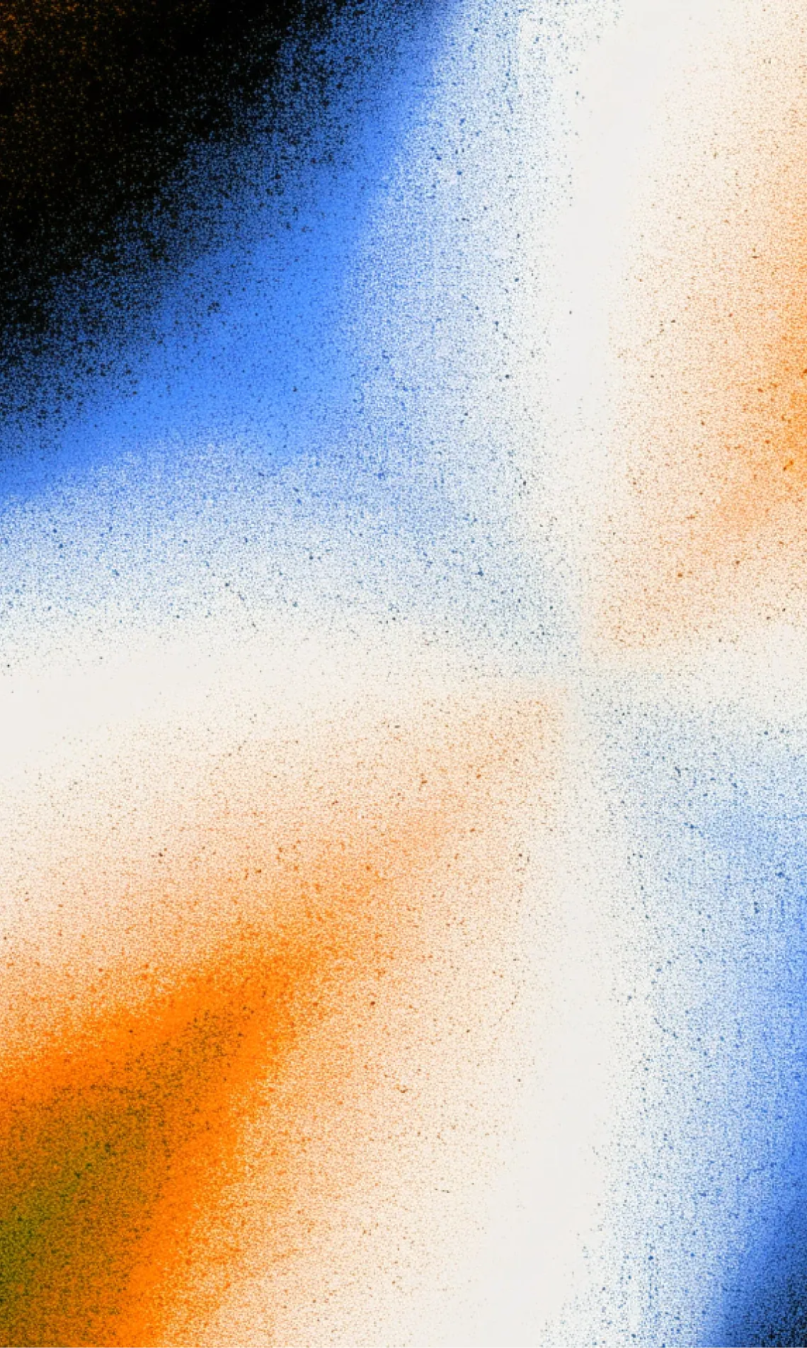 Abstract gradient with blue and orange particle bursts blending into white background.