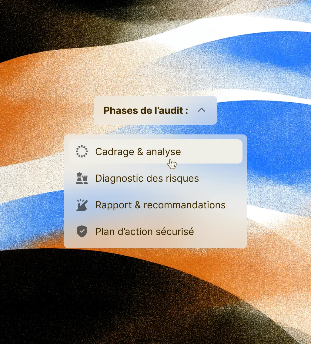 Dropdown menu titled 'Phases de l’audit' showing options: Cadrage & analyse, Diagnostic des risques, Rapport & recommandations, Plan d’action sécurisé.