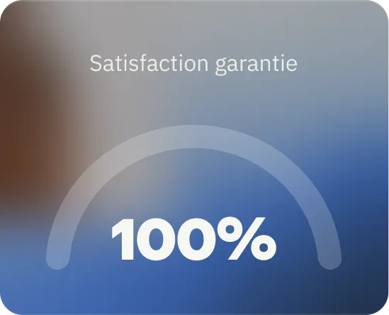 Badge with text 'Satisfaction guaranteed' and bold '100%' beneath a semi-circular progress arc.