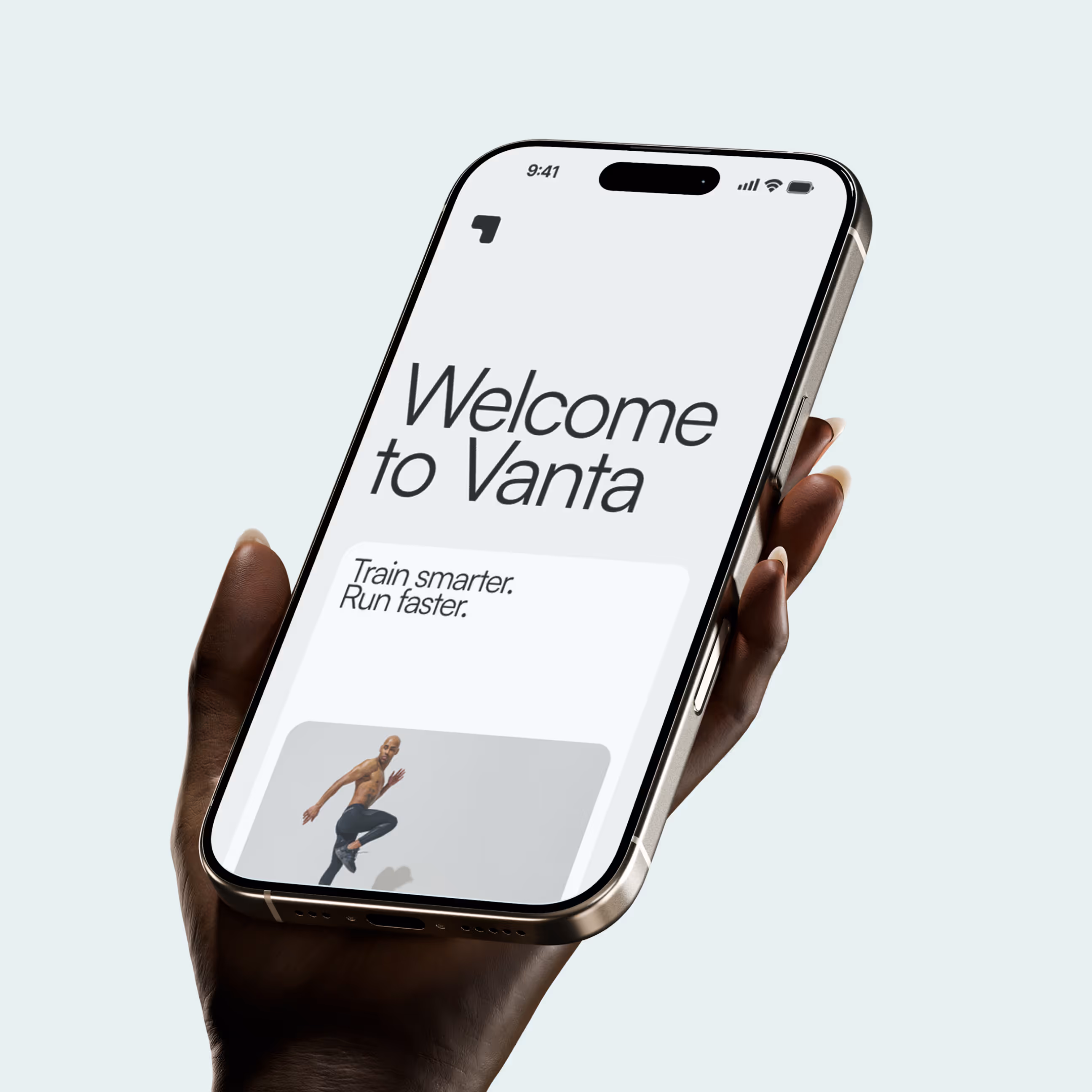 Hand holding a smartphone displaying a welcome screen for Vanta with the text 'Train smarter. Run faster.' and an image of a man running.