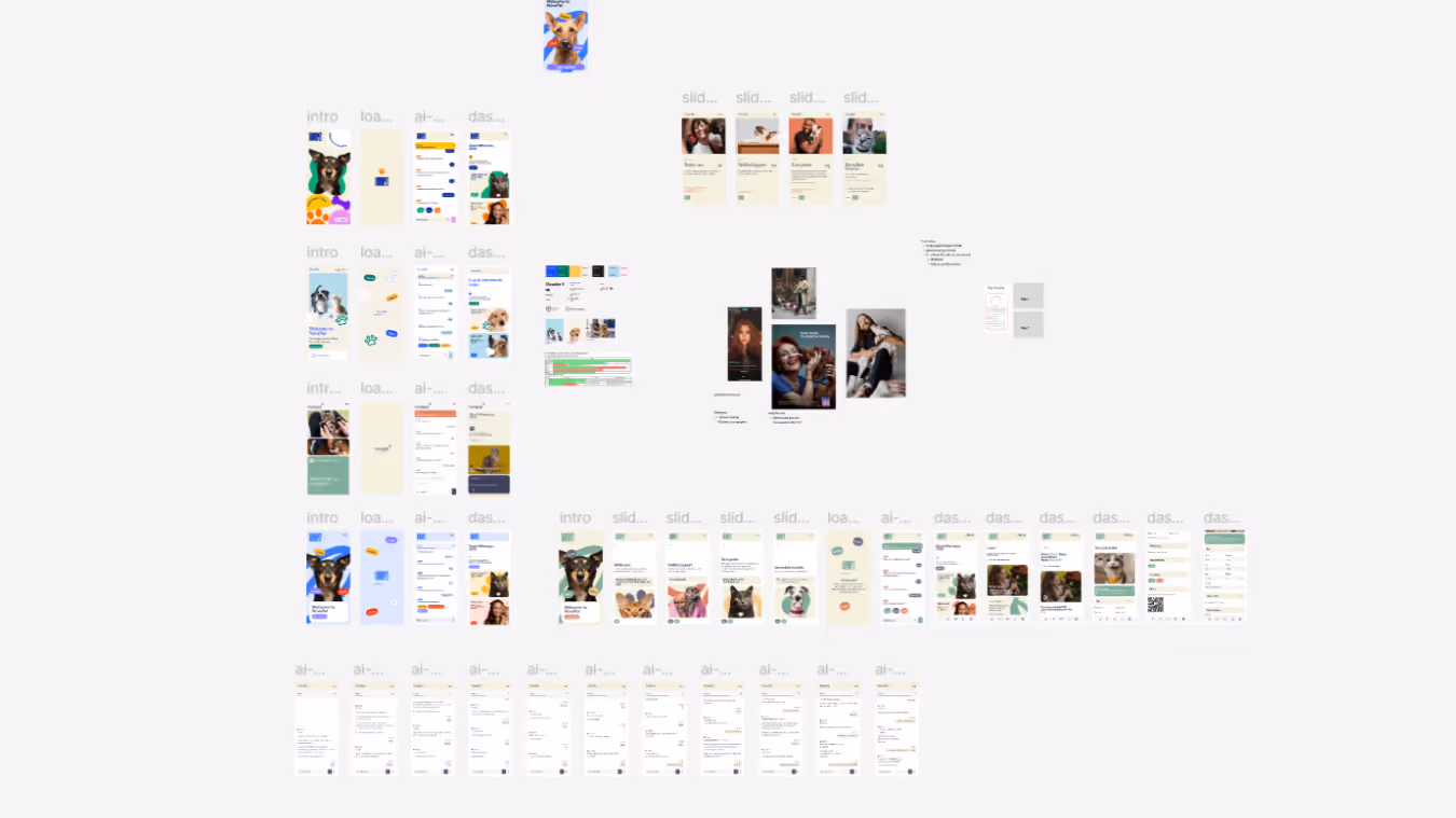 Collage of various mobile app interface designs featuring pet profiles, user settings, messaging, and dashboards with colorful pet images and UI elements.