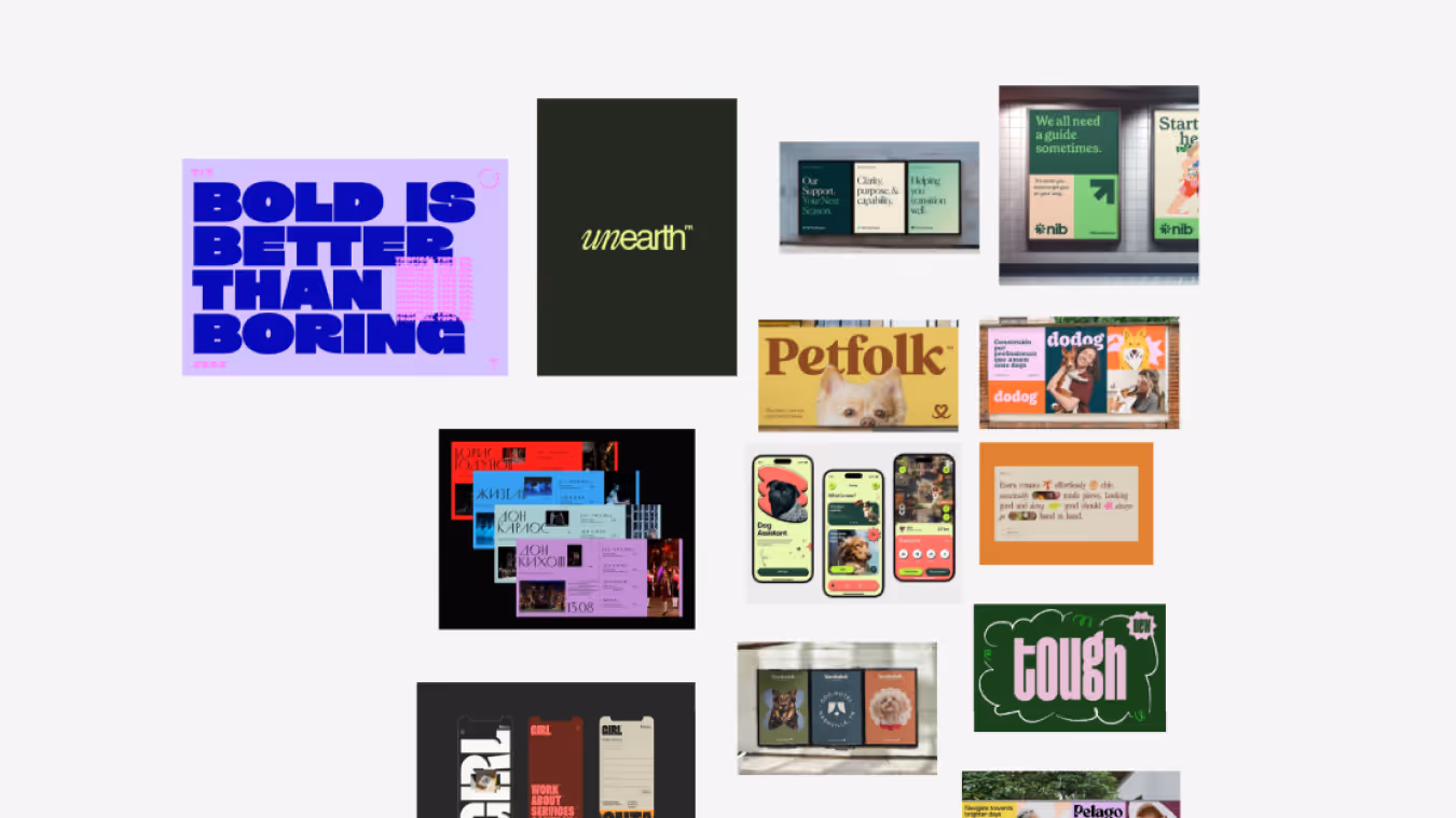 Collage of graphic design samples including bold typography, branding logos, mobile app interfaces, pet product ads, and advertising posters.