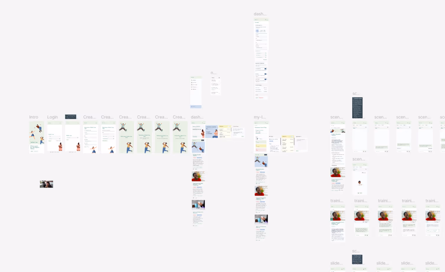 Overview of multiple app screens for a fitness or wellness platform including intro, login, user creation, dashboard, and training sessions.