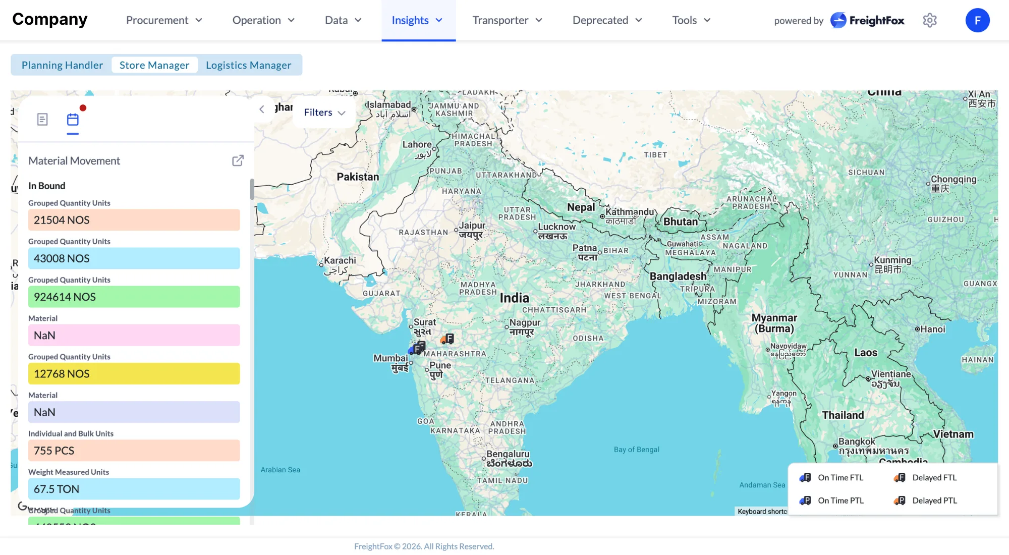 FreightFox TMS platform dashboard showing end-to-end freight management across procurement, execution, tracking, settlement, analytics, and decarbonization