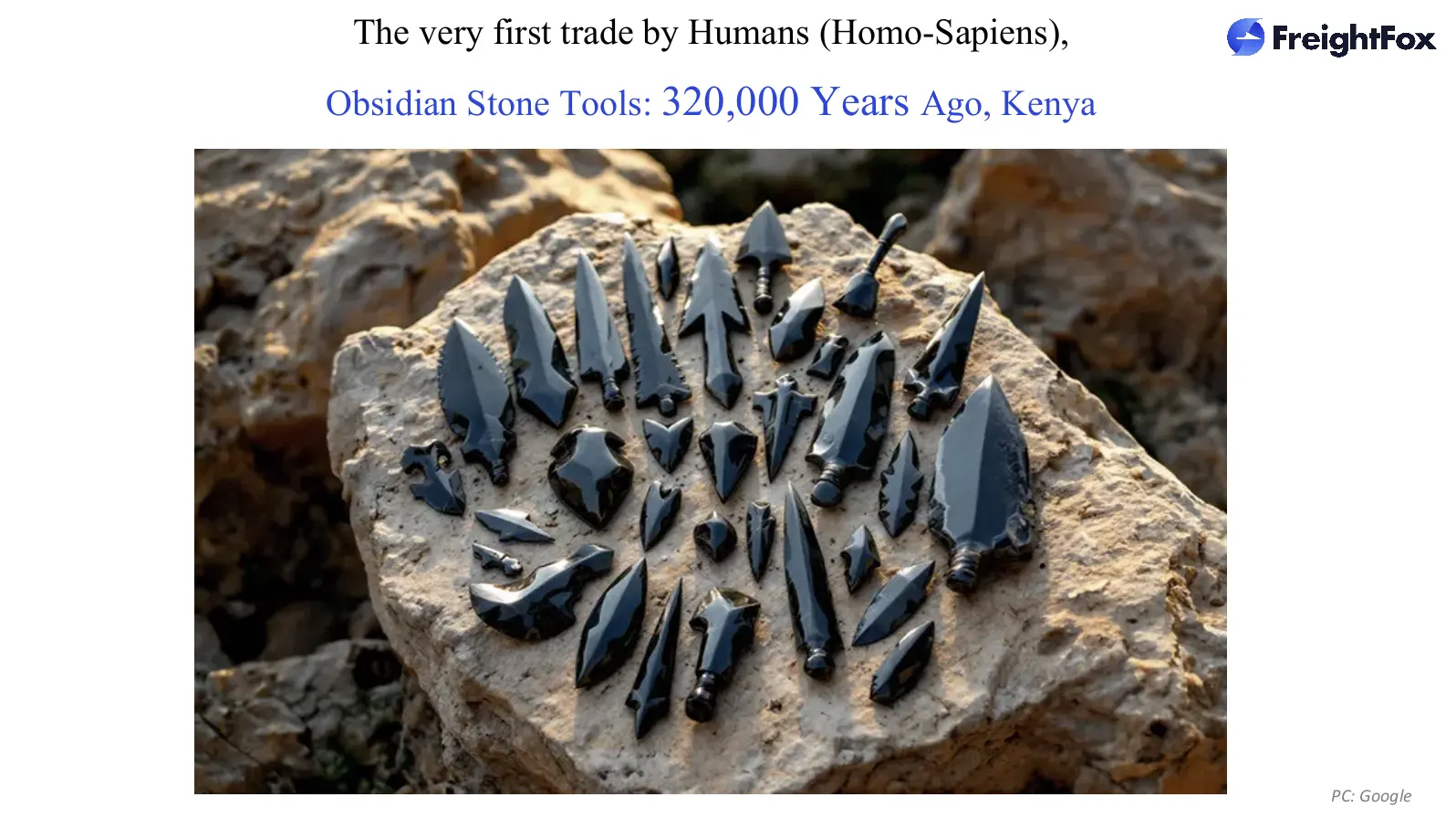 Obsidian stone arrowheads and blade tools on a rock, captioned as humanity's first trade 320,000 years ago in Kenya