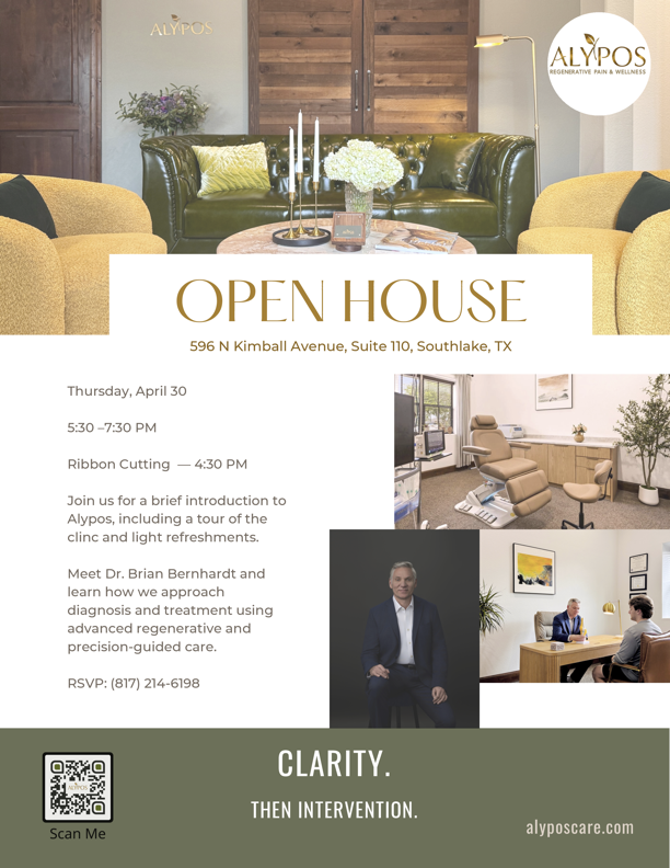 Alypos Regenerative pain and wellness open house invitation, April 30 in Southlake, Texas